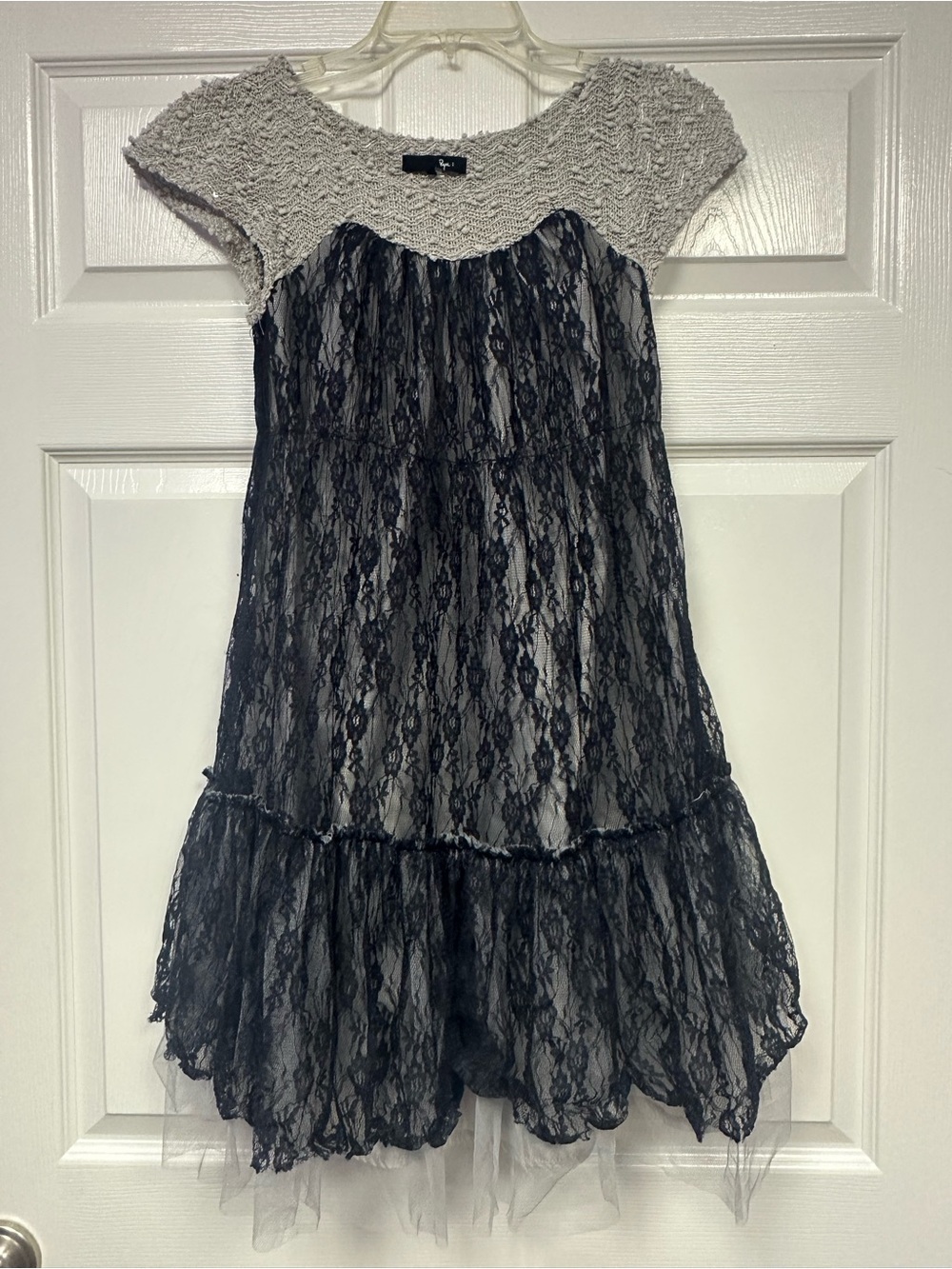 Ryu Black Lace Midi Dress with Gray Bodice